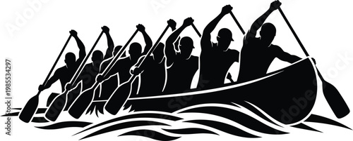 Black silhouette of rowers in a canoe on water silhouettes white background