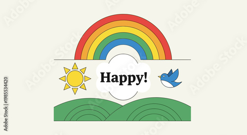 Cheerful illustration with a rainbow sun cloud bird and rolling hills creating a happy scene in a colorful cartoon style