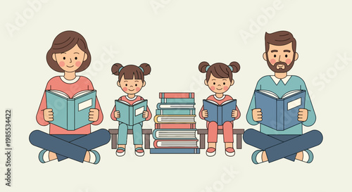 Cheerful family enjoying reading books together: cartoon illustration of parents and daughters sitting cross-legged with storybooks in hand