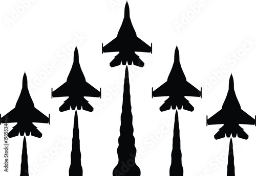 Five black fighter jet silhouettes on white background fighter jets airplanes