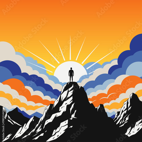 Canvas Print Silhouette Man on Mountain Peak Sunrise Illustration