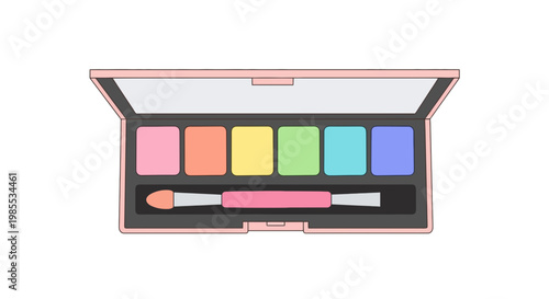 Colorful eyeshadow palette illustration with applicator brush showcasing rainbow shades in a cute cosmetic style for beauty and makeup designs