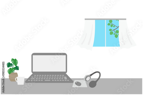 心地よい在宅勤務のイメージイラスト素材（窓辺のノートパソコンとモンステラ、ヘッドフォン）