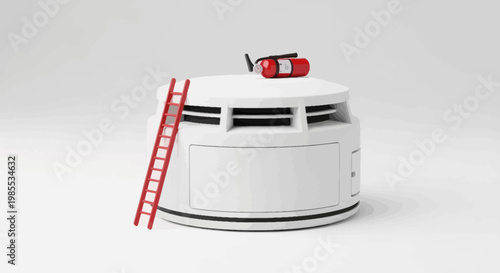 Cylindrical concrete bunker with ladder and fire extinguisher in surreal setting cartoon style illustration