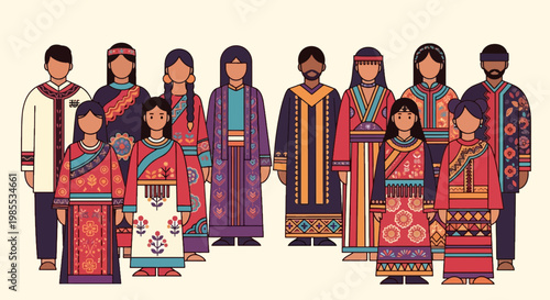 Diverse group of people in traditional clothing cultural costumes ethnic dress vibrant colors standing together unity community