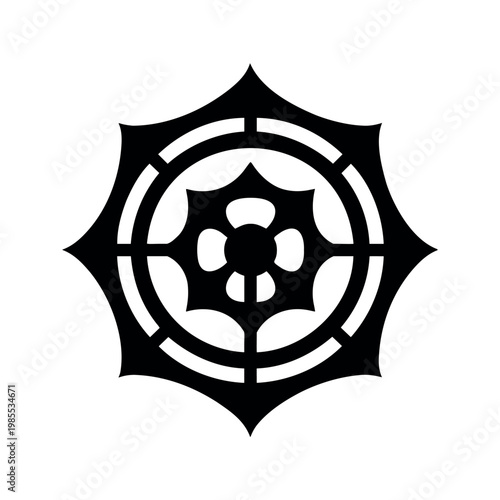 Complex dharma wheel design exhibiting the eight auspicious symbols of buddhism as a vector graphic