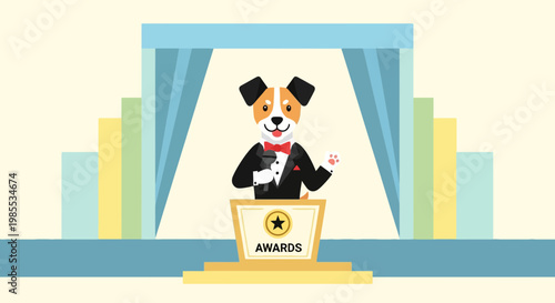 Dog cartoon character presenting awards on stage with microphone wearing tuxedo and bow tie vector illustration