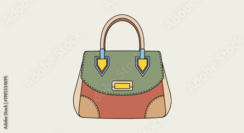 Elegant fashion handbag illustration with top handle and pastel color scheme; Stylish women's purse graphic design for fashion accessory needs