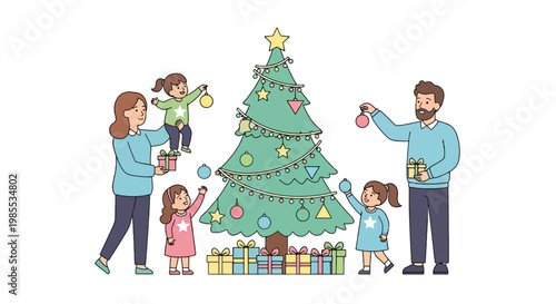 Family decorating Christmas tree with ornaments and gifts in cartoon vector art style; joyful holiday celebration at home