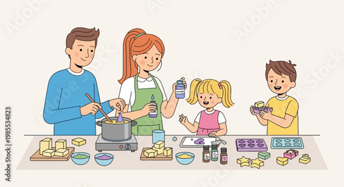 Family making homemade soap together at home with essential oils colorful dyes and various molds in a cartoon vector style illustration