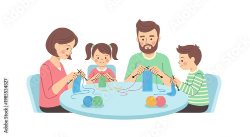 Family of four knitting together at round table in cozy home cartoon style illustration with soft pastel colors and happy expressions