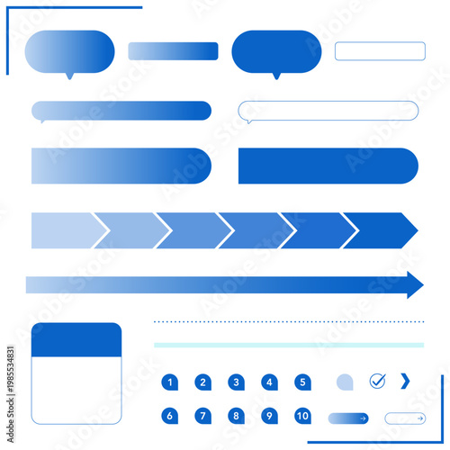 青系グラデーションのUIパーツセット、吹き出し・矢印・ステップバーのミニマル素材集。ビジネス向けシンプルUIコンポーネント素材、ボタン・進行表示・チャット吹き出しセット。