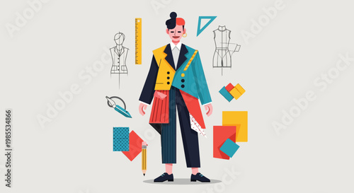 Fashion designer character illustration with measuring tools sketches and colorful swatches in a vibrant modern style