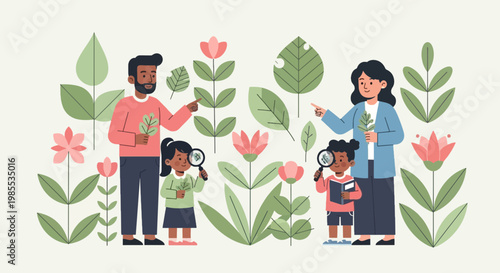 Father and mother teaching kids about nature and plants with magnifying glass in colorful vector illustration style science education concept