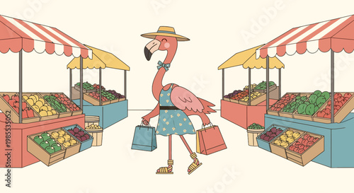 Flamingo character shopping at a vibrant outdoor farmers market with fresh produce stands wearing summer dress and hat in cartoon style
