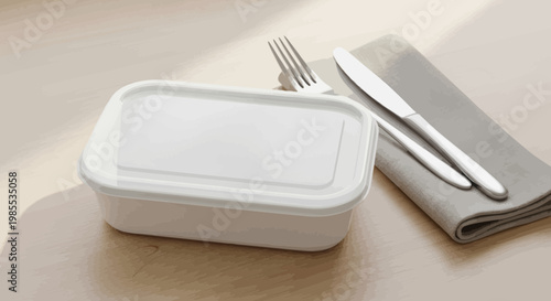 Food container with fresh white food next to silver cutlery on gray napkin on table in cartoon style ready for a delicious meal