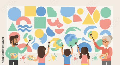 Group of diverse people painting colorful geometric shapes on a large canvas in a cartoon style creating a vibrant mural with fun activity