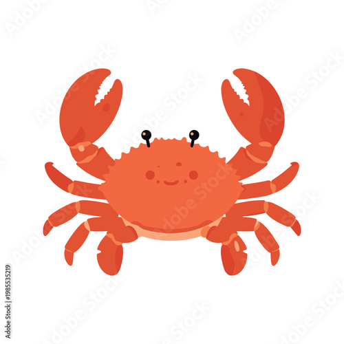 Cartoon crab with happy expression is drawn on a white background