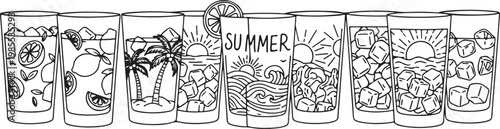 Vintage summer-themed illustration with beach, sun and tropical elements Vector