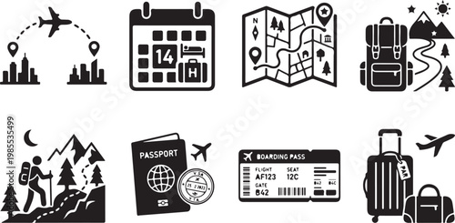 Travel icons, vacation symbols, tourism signs, 8 black vector graphics