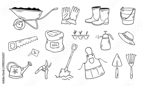 Hand drawn gardening tools set in line art style. Doodle collection of equipment and plants, isolated on white background. Simple farm and garden illustration for design, print and decoration.