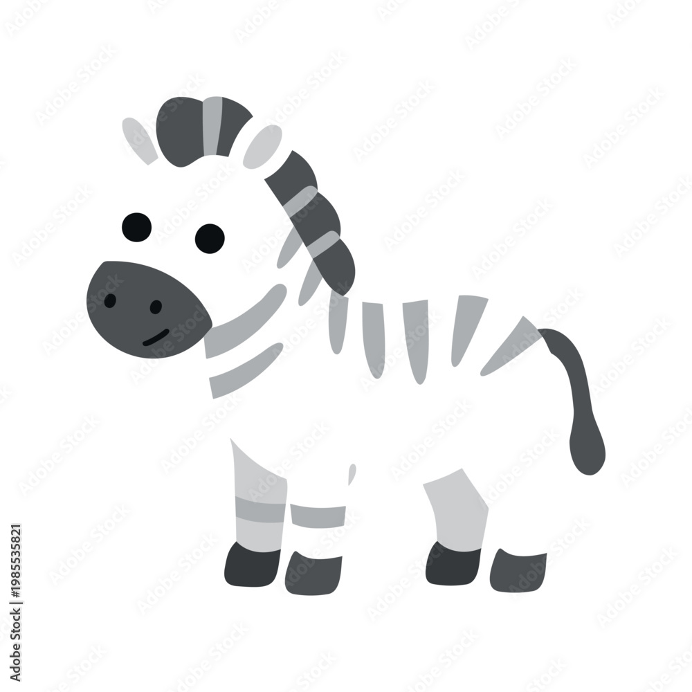Fototapeta premium Cartoon zebra stands with its black and gray stripes in simple vector illustration