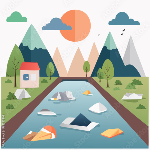 Flat design illustration depicting a natural landscape with a river polluted by waste, highlighting environmental concerns