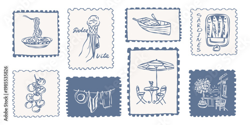 Hand drawn blue mediterranean stamps collection