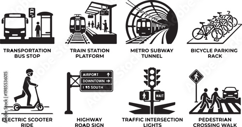 Transportation icons, urban travel symbols, road signs, metro tunnel, bike parking rack