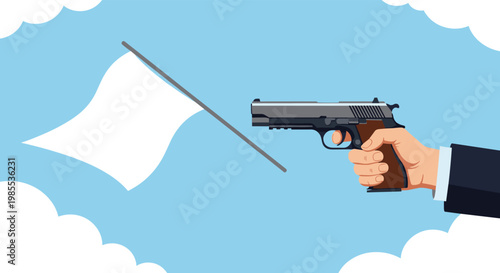 Hand in a dark business suit holding a handgun aimed directly at a white flag representing surrender and peace.