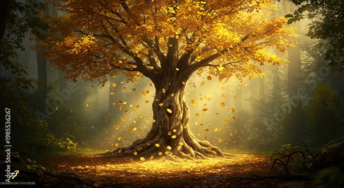 Magical Money Tree with Glowing Golden Leaves and Falling Coins in an Enchanted Autumn Forest