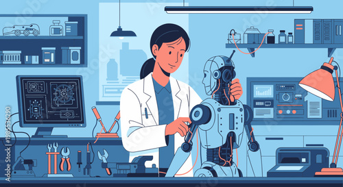 Female Scientist Working on Robot in Futuristic Laboratory