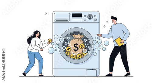 Man and woman putting money into a large washing machine illustrating the concept of illegal money laundering.