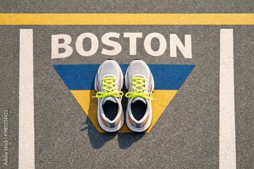Running shoes placed on the road marking for the Boston Marathon start line