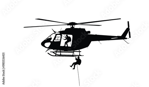 A dramatic depiction showcases a black helicopter in flight with a rescuer rappelling down creating a striking silhouette high quality professional detailed modern elegant