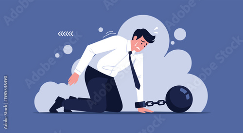 Stressed businessman kneeling on the ground while chained to a heavy black metal ball representing burden.