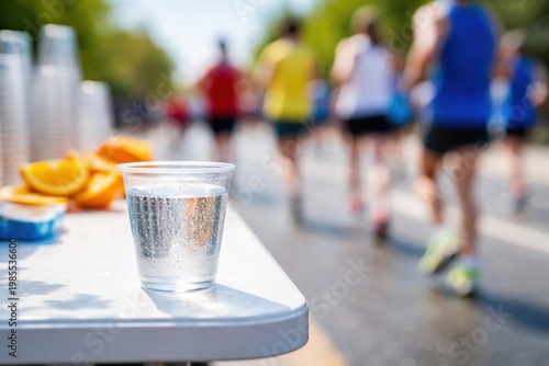 Hydration station with water and oranges at a marathon race for runners