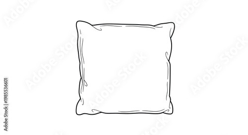 Simple black and white line drawing of a comfortable square pillow with detailed fabric folds and creases.