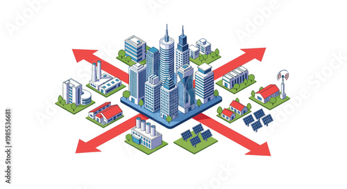 Isometric illustration of a futuristic smart city with red arrows pointing towards various infrastructure.