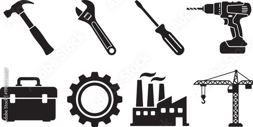 Industrial tools and machinery icons, construction equipment, factory symbols, 8 black silhouette graphics