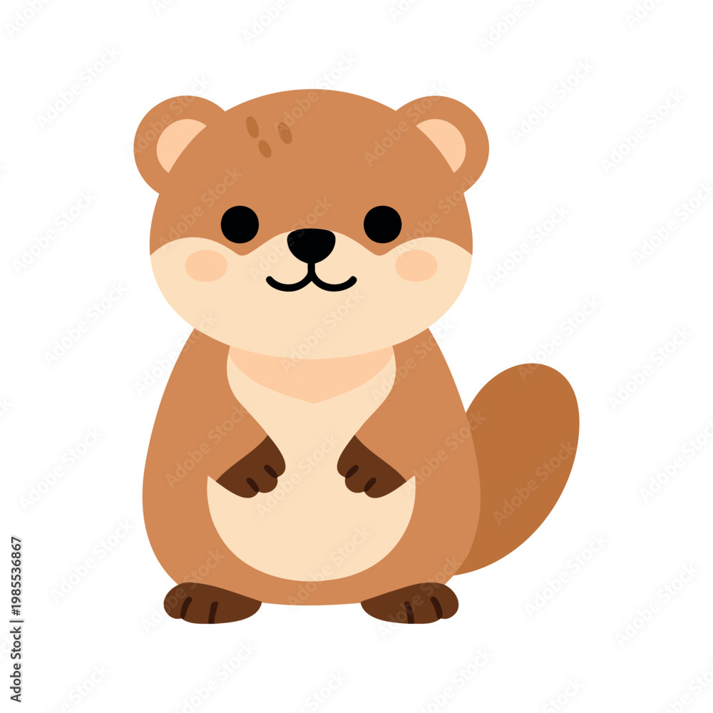 Fototapeta premium Cute cartoon otter with brown fur and oval shaped body stands on a white background