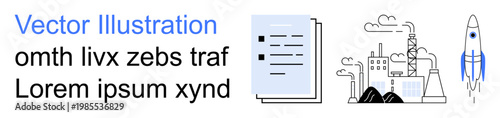 Innovation, technology, industrial development, research, progress, future concepts. A factory, rocket and documents are . Innovation and technology concepts illustrated through symbolic elements
