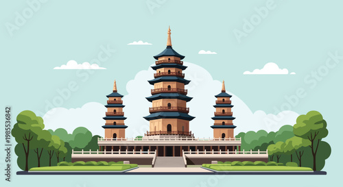 Traditional Chinese temple complex with high pagoda and green trees under clear blue sky in flat illustration style.