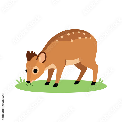 Cartoon sika deer grazes on a green meadow in simple vector illustration