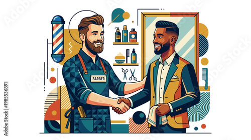 Two men shaking hands in barber.