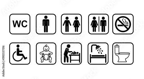 Toilet icons set with wc restroom and public facility symbols

