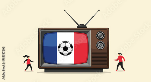 Two girls running towards a vintage television displaying the French flag and a soccer ball in concept of sports broadcast.