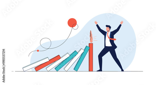 Stressed businessman using his hand to stop a row of falling dominoes and prevent further damage or corporate failure.