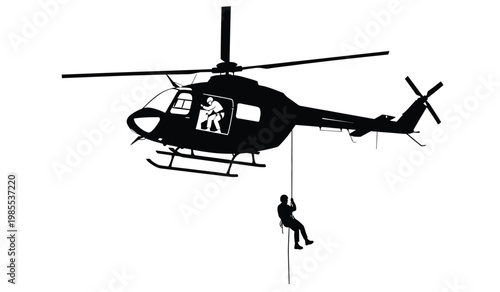 A black silhouette of a helicopter with an open doorway and a rescuer rappelling down on a rope silhouette high quality professional detailed modern