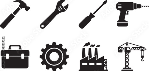 Industrial tools and equipment icons, construction and engineering symbols, black silhouette graphics, industrial machinery signs, 8 icons set